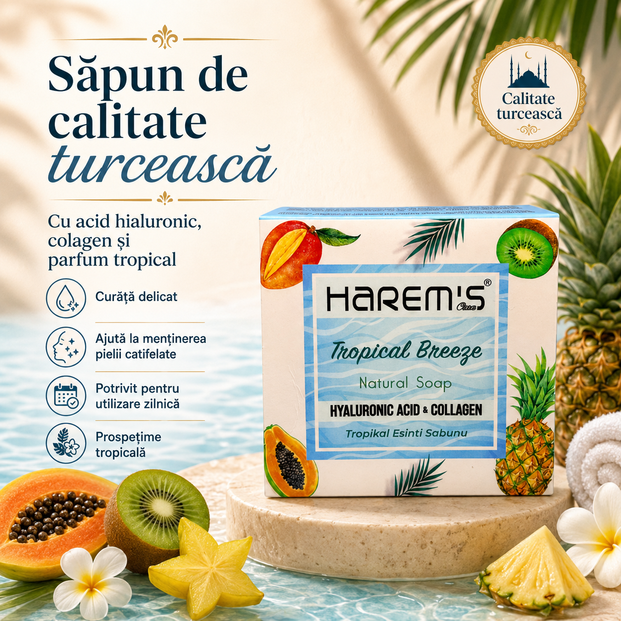 Săpun solid Harems, varianta aromă tropicală, destinat curățării pielii, 120 g