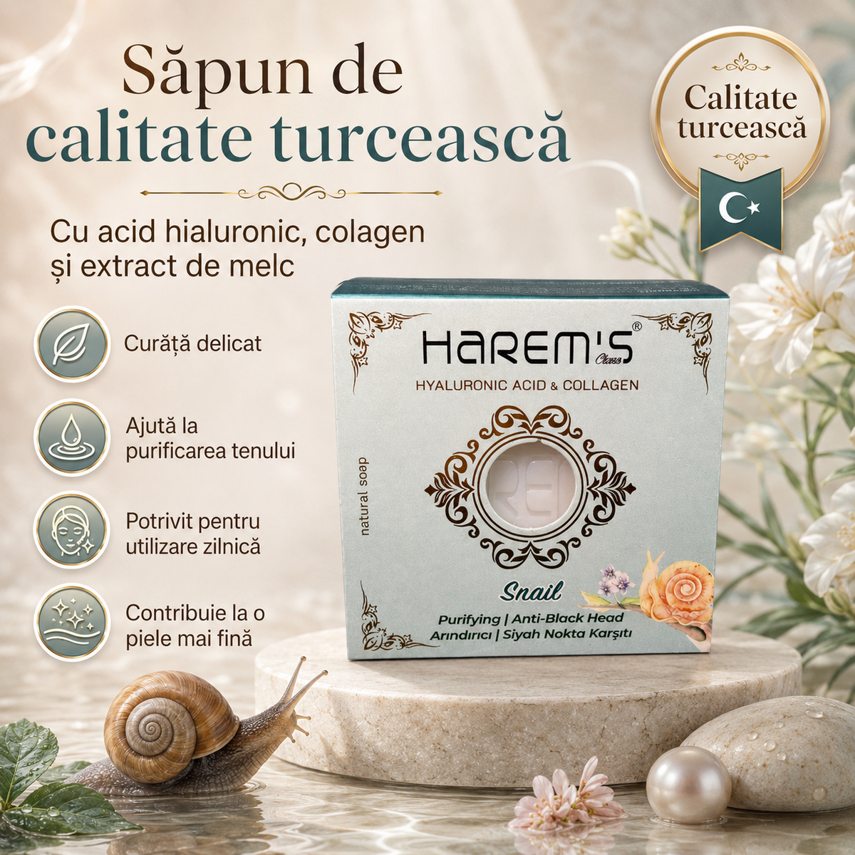 Săpun solid Harems cu extract de melc, destinat curățării pielii, 120 g