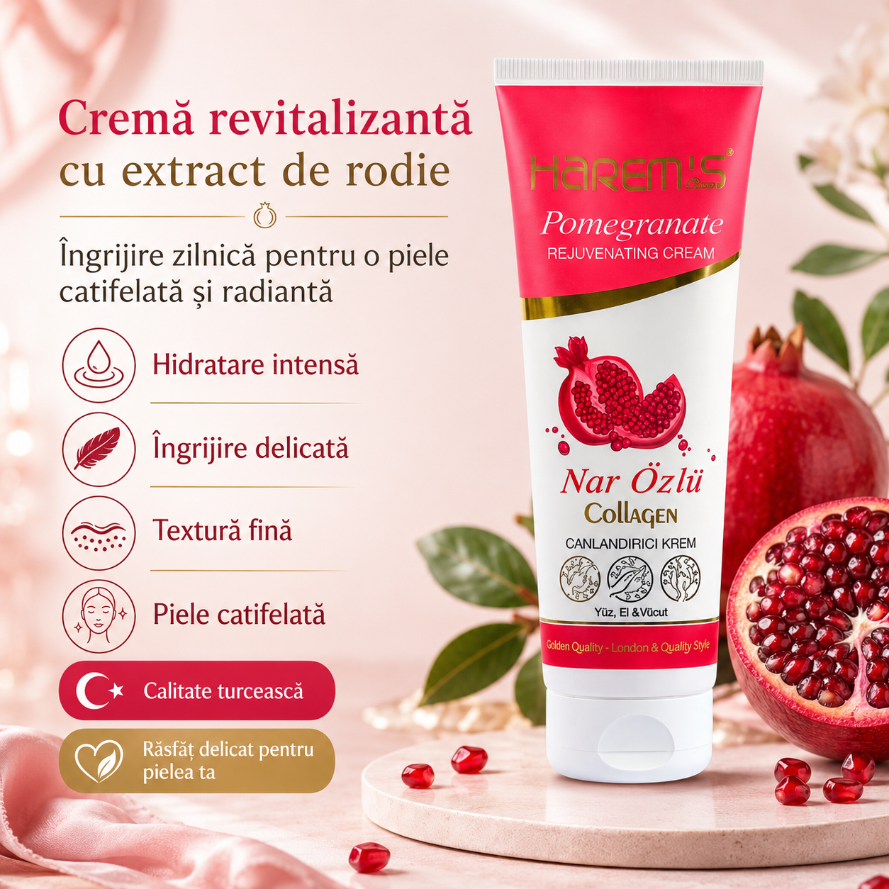 Cremă hidratantă Harems cu rodie, tub, destinată îngrijirii pielii, 250 ml