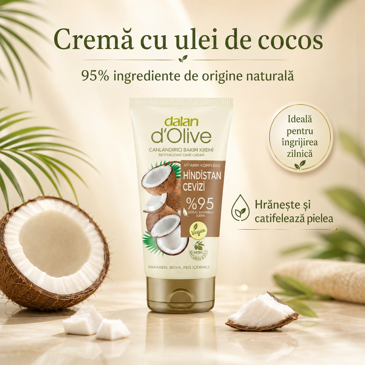 Cremă hidratantă Dalan cu ulei de cocos, tub, destinată îngrijirii pielii, 60 ml