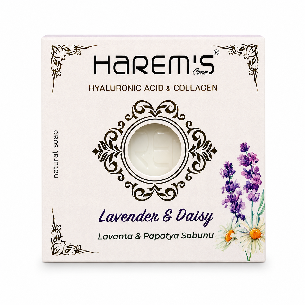Săpun solid Harems cu lavandă și mușețel, săpun natural de 120 g din Turcia pentru piele sensibilă, cu ulei esențial de lavandă și extract de mușețel
