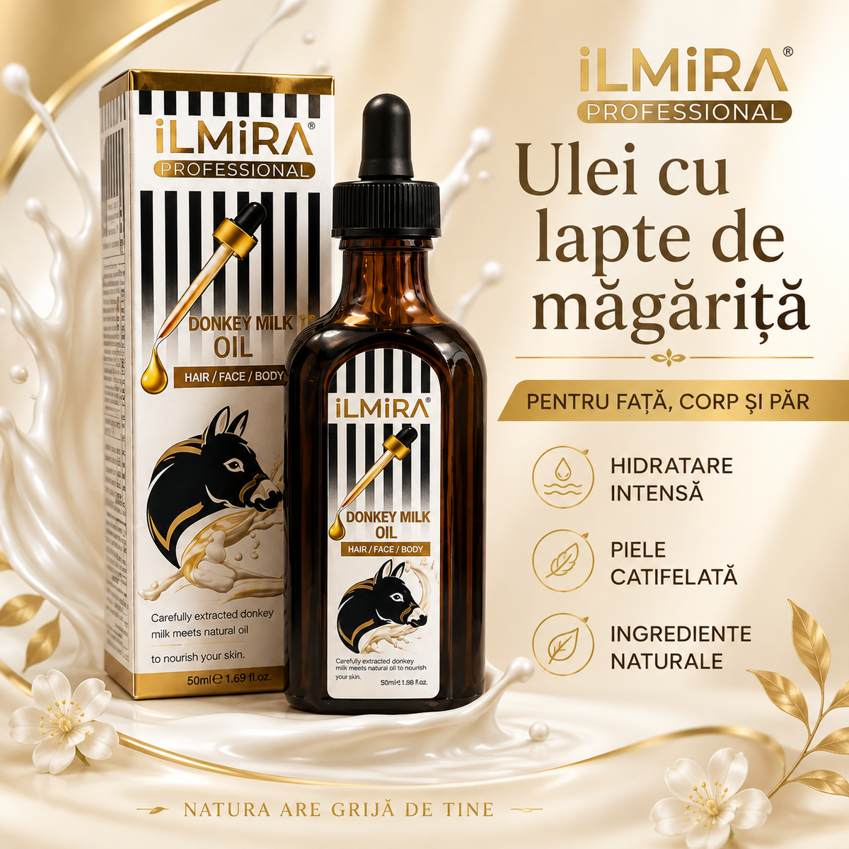 Ulei cosmetic de îngrijire a pielii Ilmira cu lapte de măgăriță, flacon din sticlă, destinat îngrijirii pielii, 100 ml