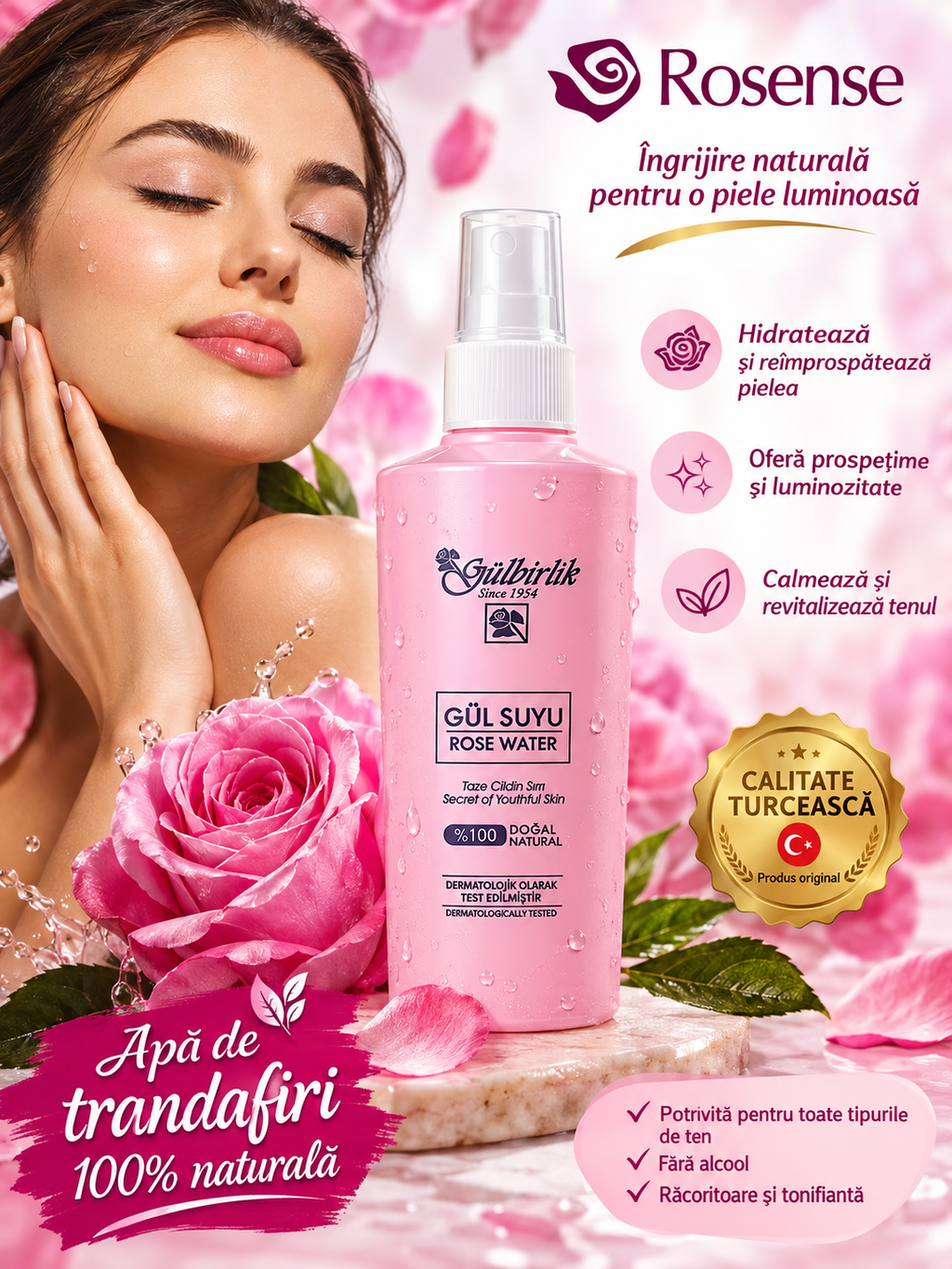 Apă de trandafiri Rosense (Gülbirlik) spray, destinată tonifierii și împrospătării pielii, 125 ml