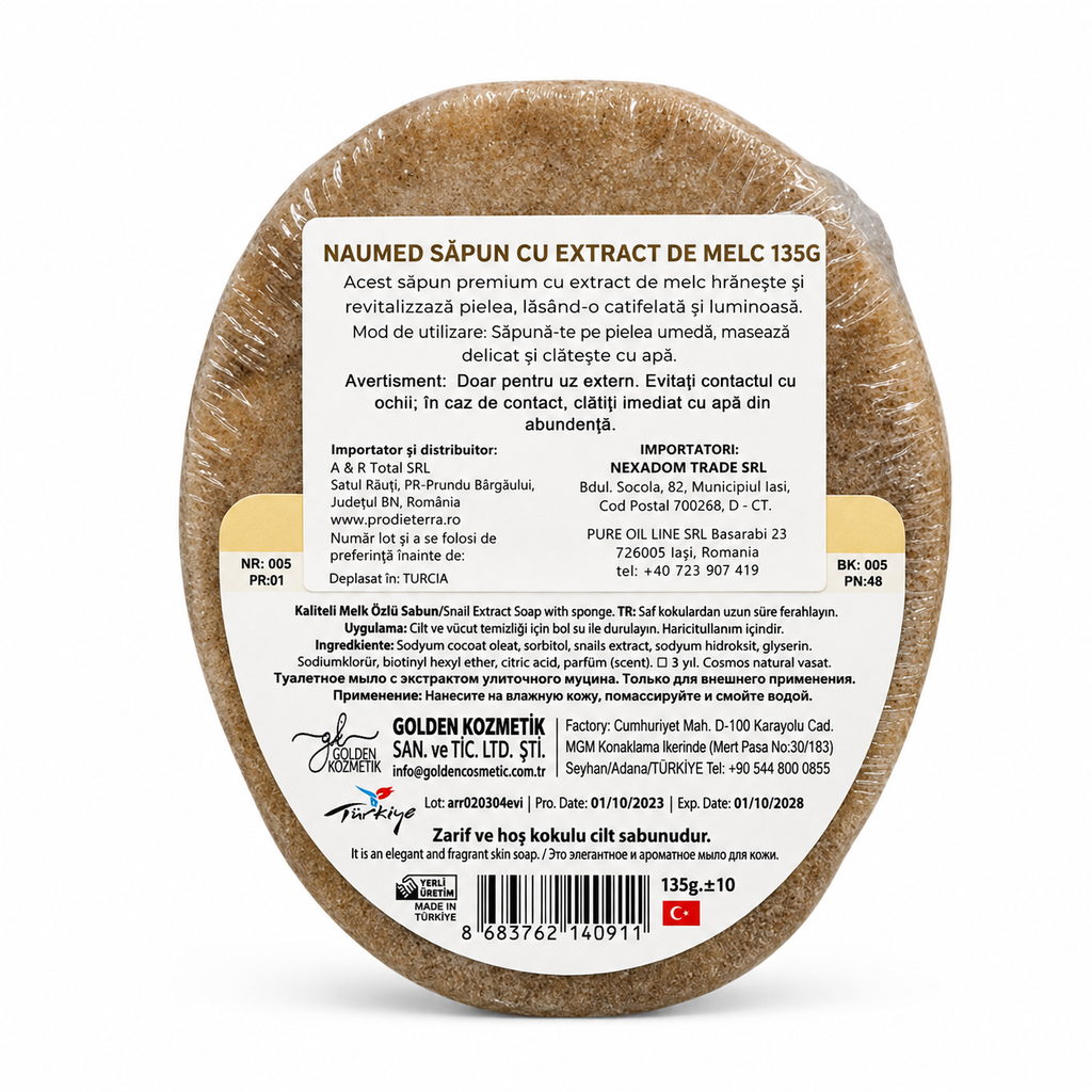 Săpun cu burete Naumed cu extract de melc, destinat curățării și exfolierii pielii