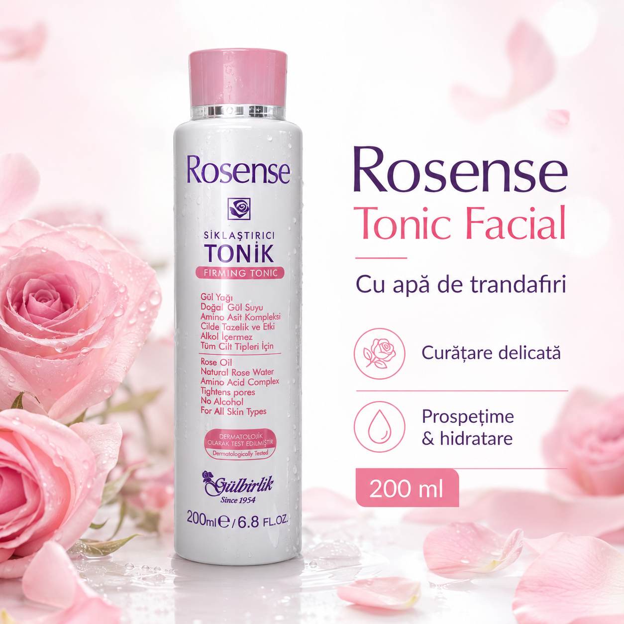 Tonic facial pentru fermitate Rosense 200 ml | Trandafir de Damasc
