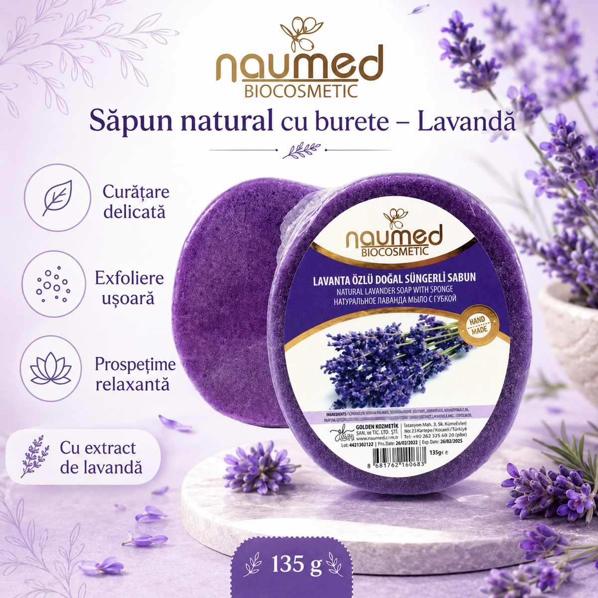 Săpun cu burete Naumed, cu lavandă, destinat curățării și exfolierii pielii