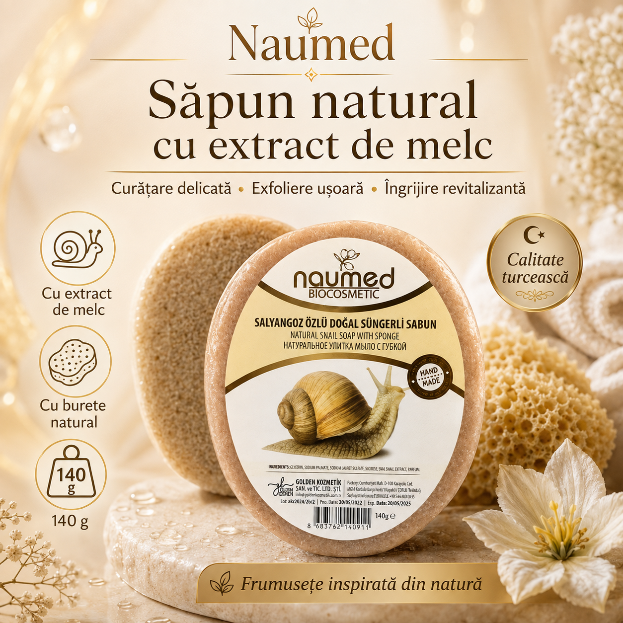 Săpun cu burete Naumed cu extract de melc, destinat curățării și exfolierii pielii
