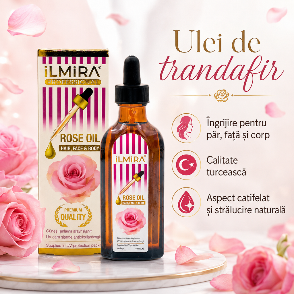 Ulei cosmetic de îngrijire a pielii Ilmira cu trandafir, flacon din sticlă, destinat îngrijirii pielii, 100 ml