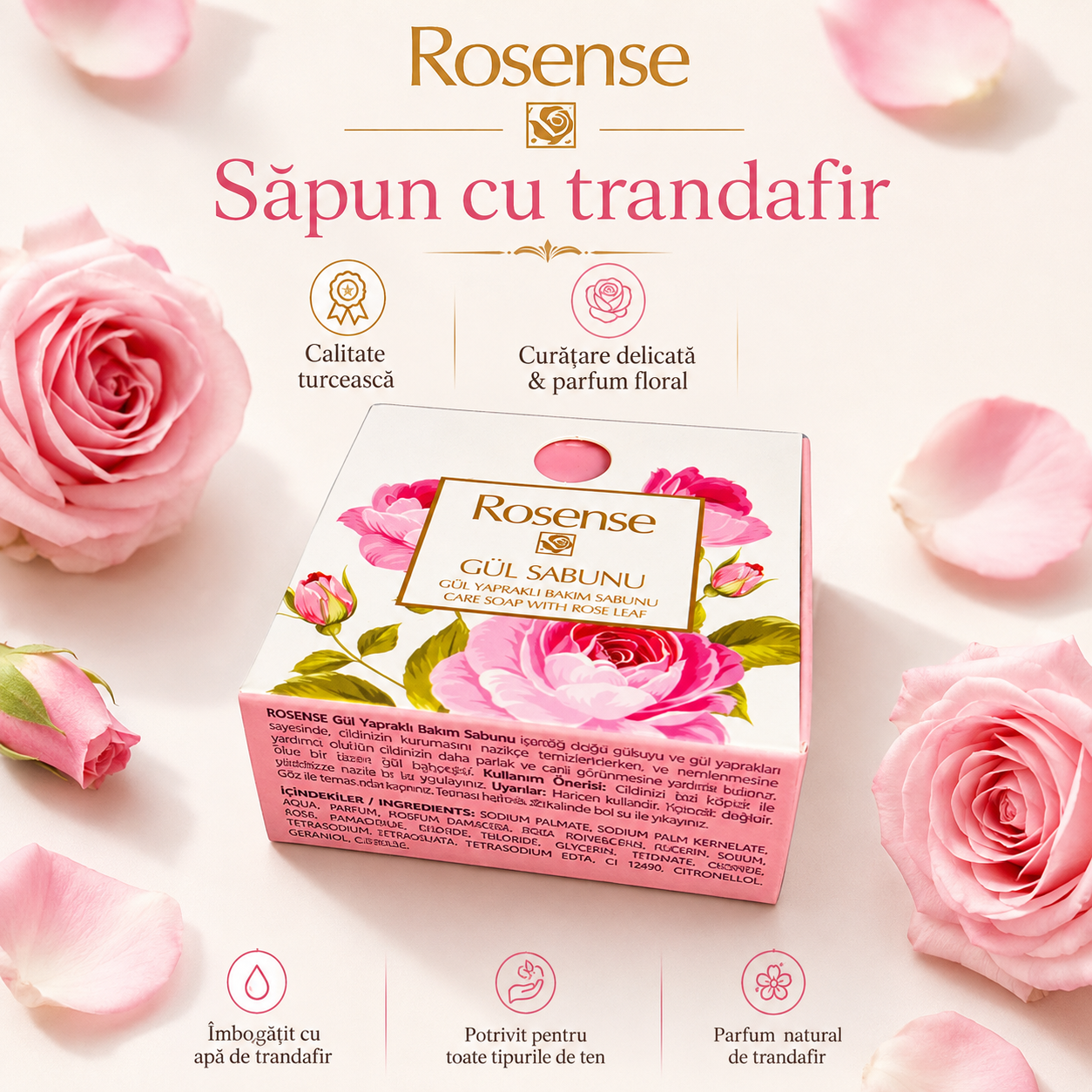 Săpun solid Rosense cu trandafir, destinat curățării pielii, 100 g