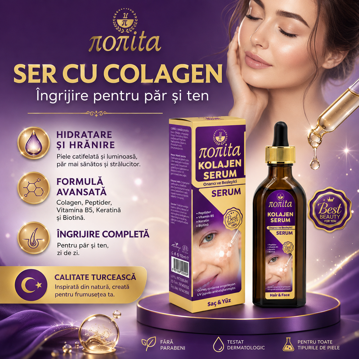 Serum cosmetic Nonita cu colagen, destinat completării rutinei de îngrijire, 100 ml