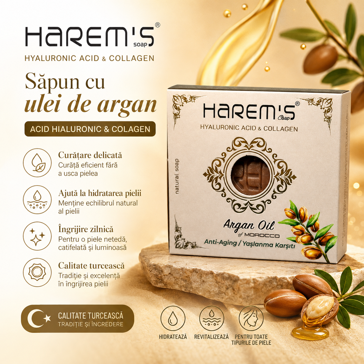 Săpun solid Harems cu ulei de argan, destinat curățării pielii, 120 g