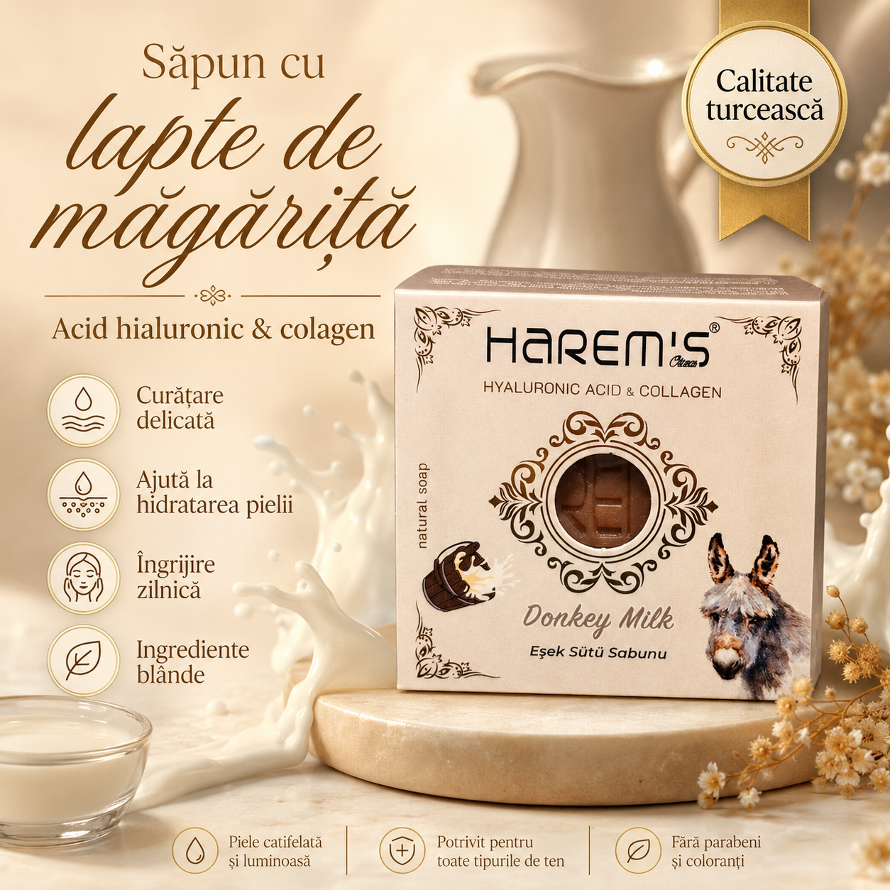 Săpun solid Harems cu lapte de măgăriță, destinat curățării pielii, 120 g