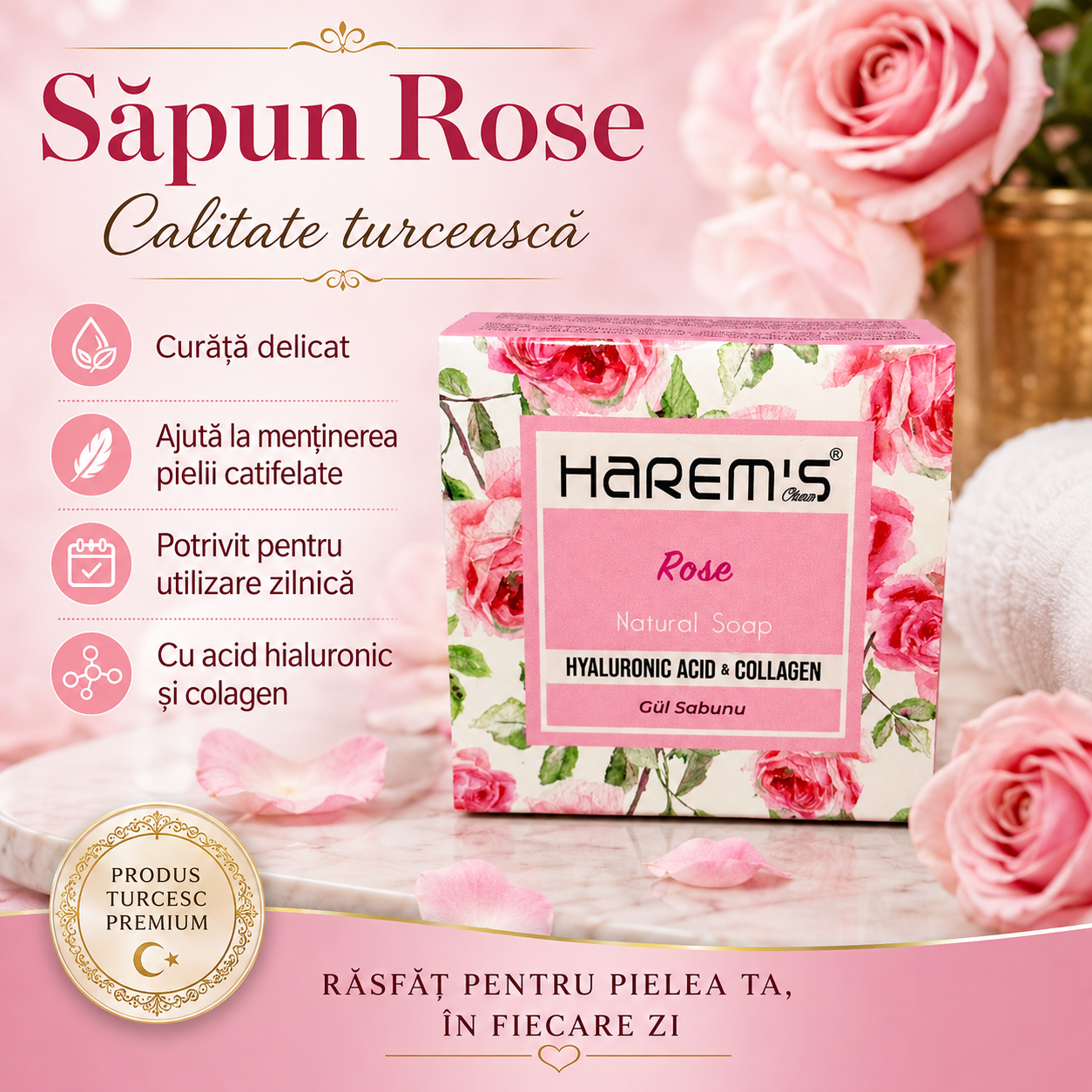 Săpun solid Harems cu trandafir, destinat curățării pielii, 120 g