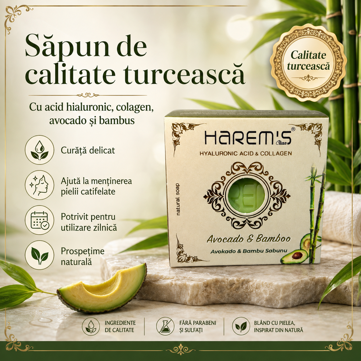 Săpun solid Harems cu avocado și bambus, destinat curățării pielii, 120 g