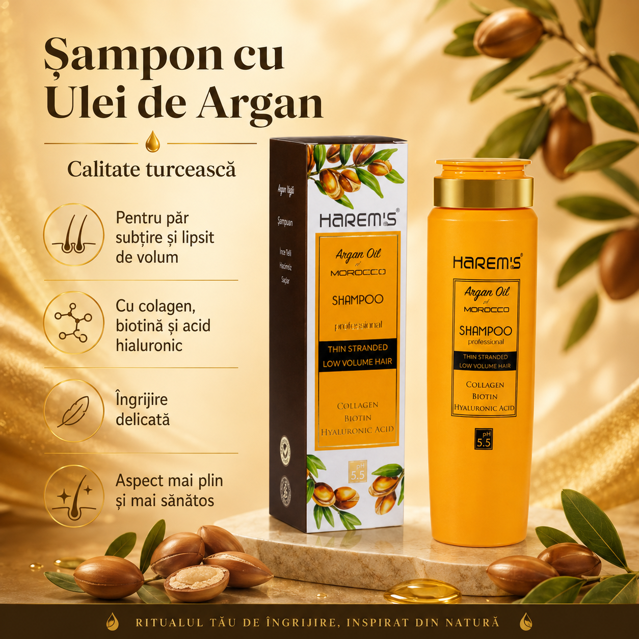 Șampon Harems cu ulei de argan, destinat curățării și îngrijirii părului, 330 ml
