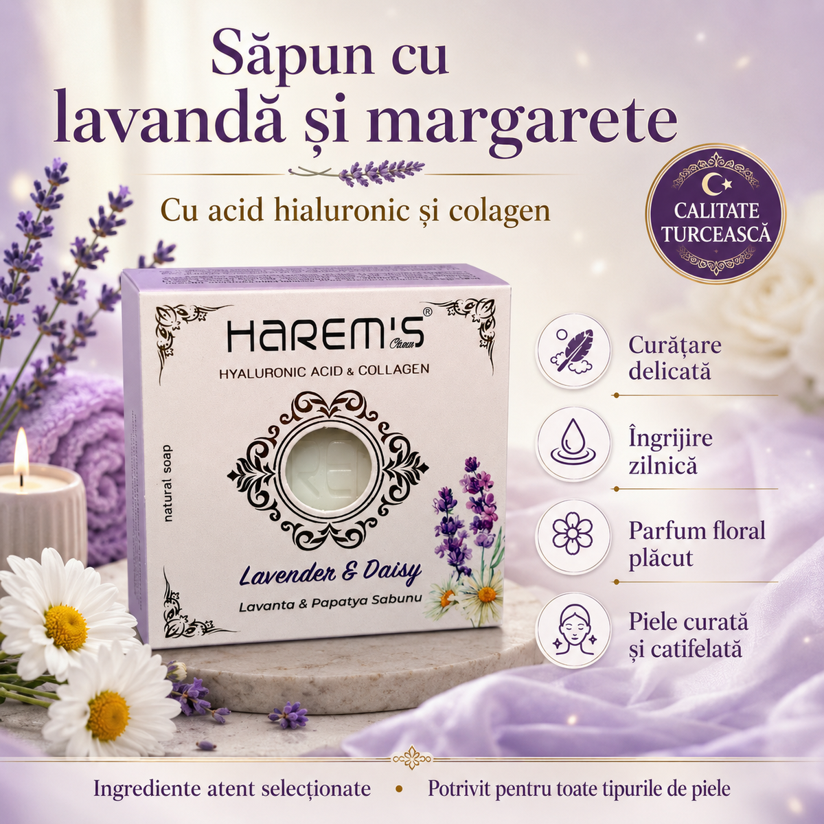 Săpun solid Harems cu lavandă și mușețel, destinat curățării pielii, 120 g