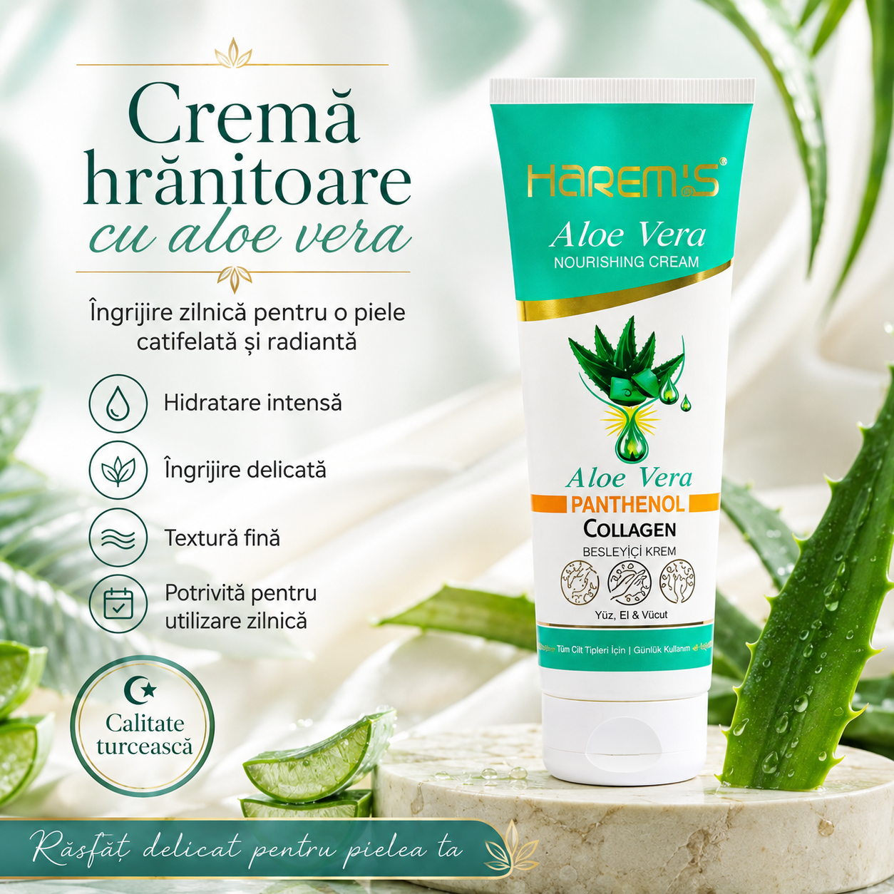 Cremă nutritivă Harems cu aloe vera, tub, destinată îngrijirii pielii, 250 ml