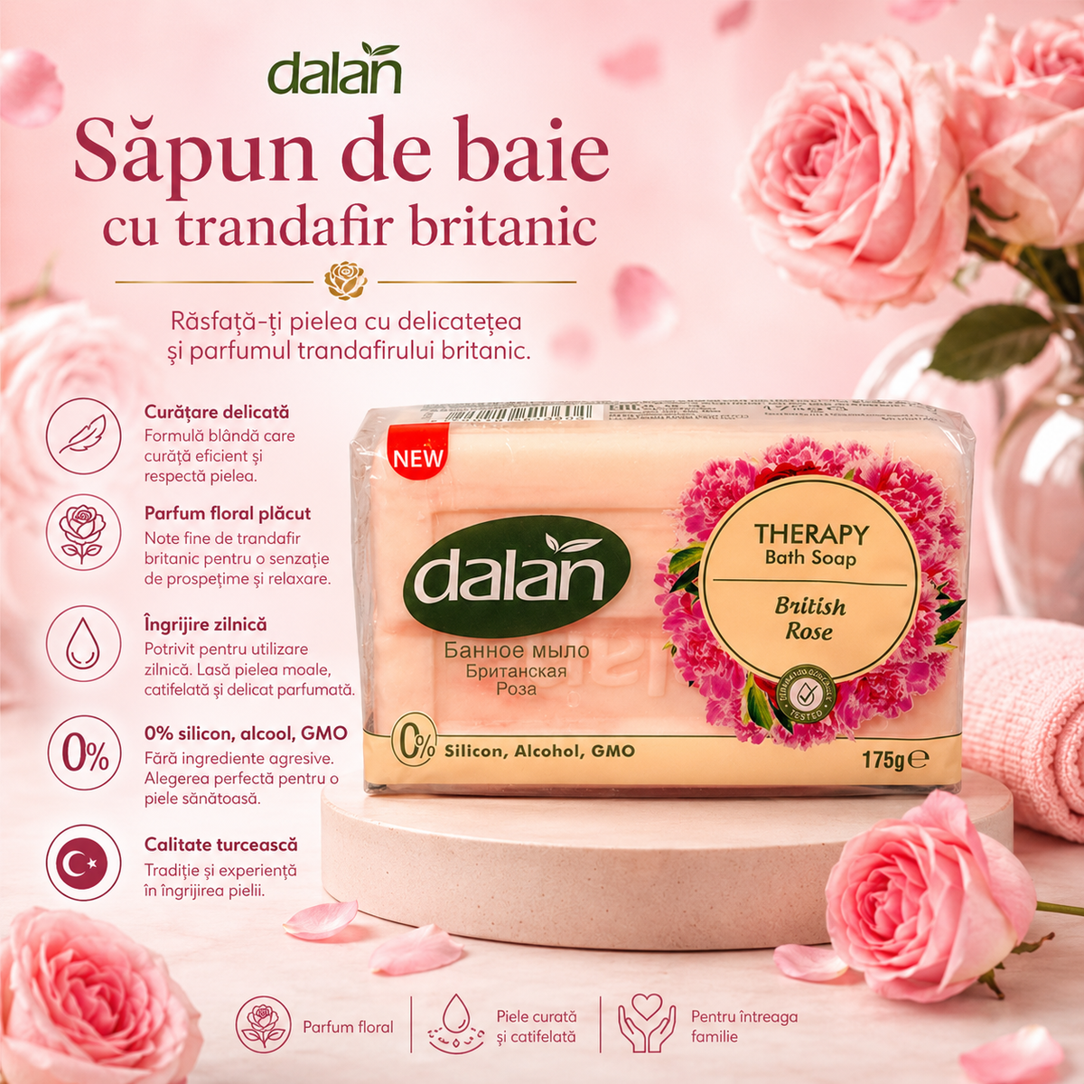 Săpun de baie Dalan Bath Therapy cu lapte și trandafir, destinat curățării pielii, 175 g
