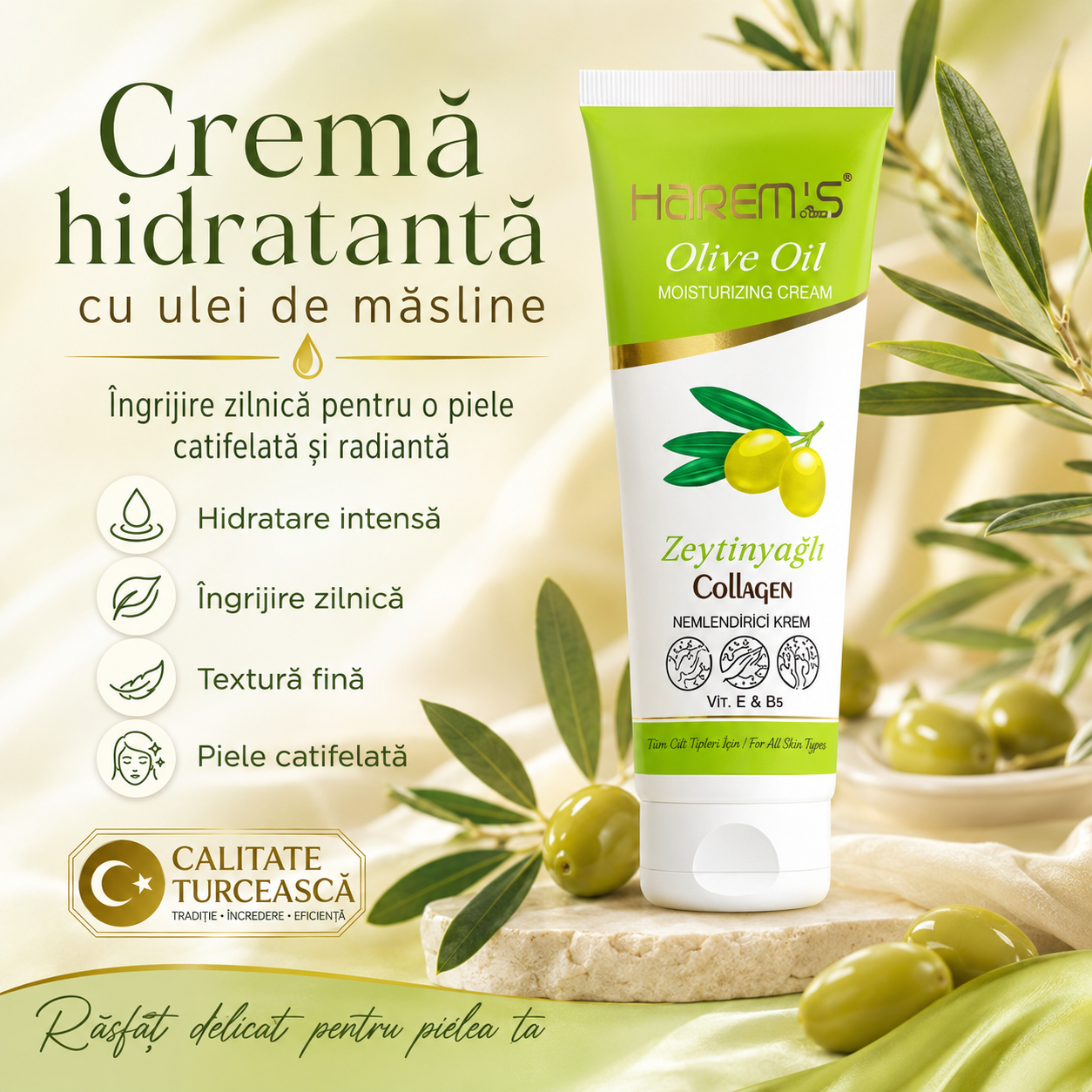 Cremă hidratantă Harems cu ulei de măsline, tub, destinată îngrijirii pielii, 250 ml