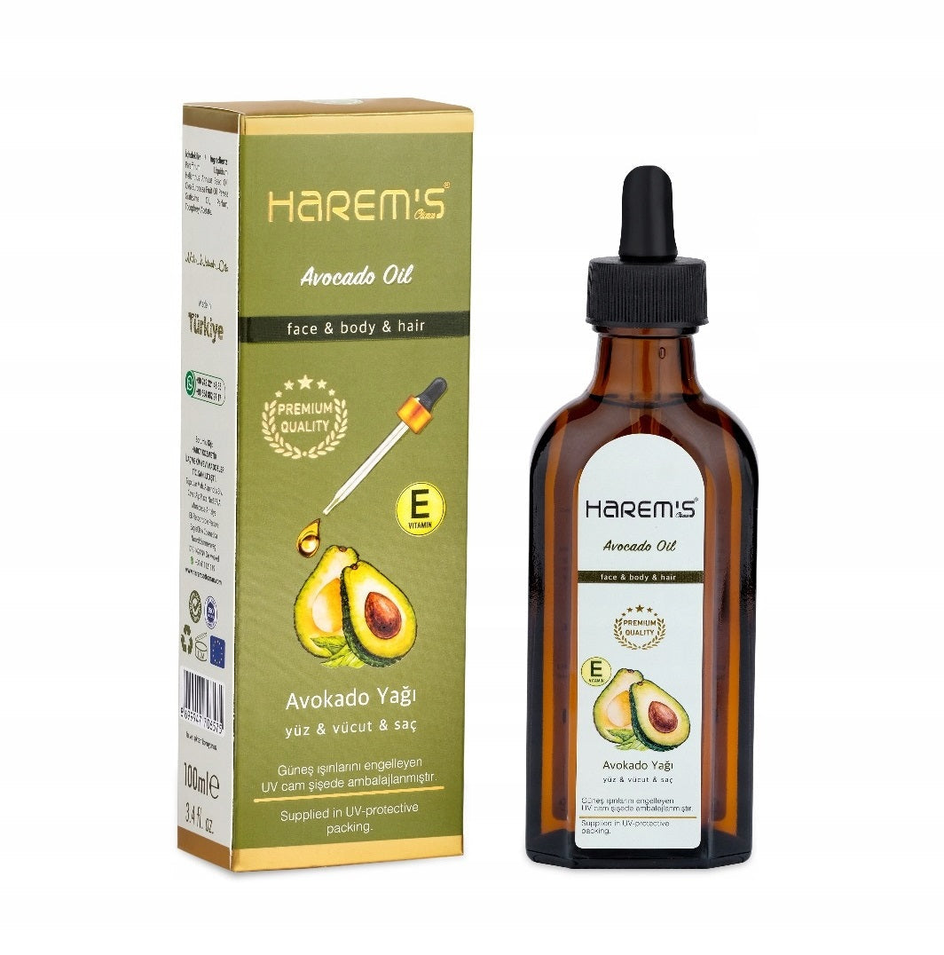 Sticlă ulei de îngrijire Harems cu avocado, 100 ml, produs cosmetic din Turcia pentru piele și păr.