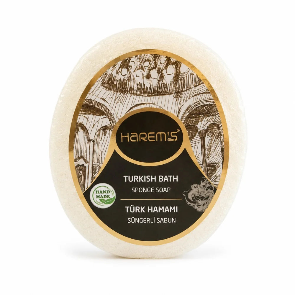 Săpun cu burete Harems, varianta baie turcească / hamam, destinat curățării și exfolierii pielii, 130 g