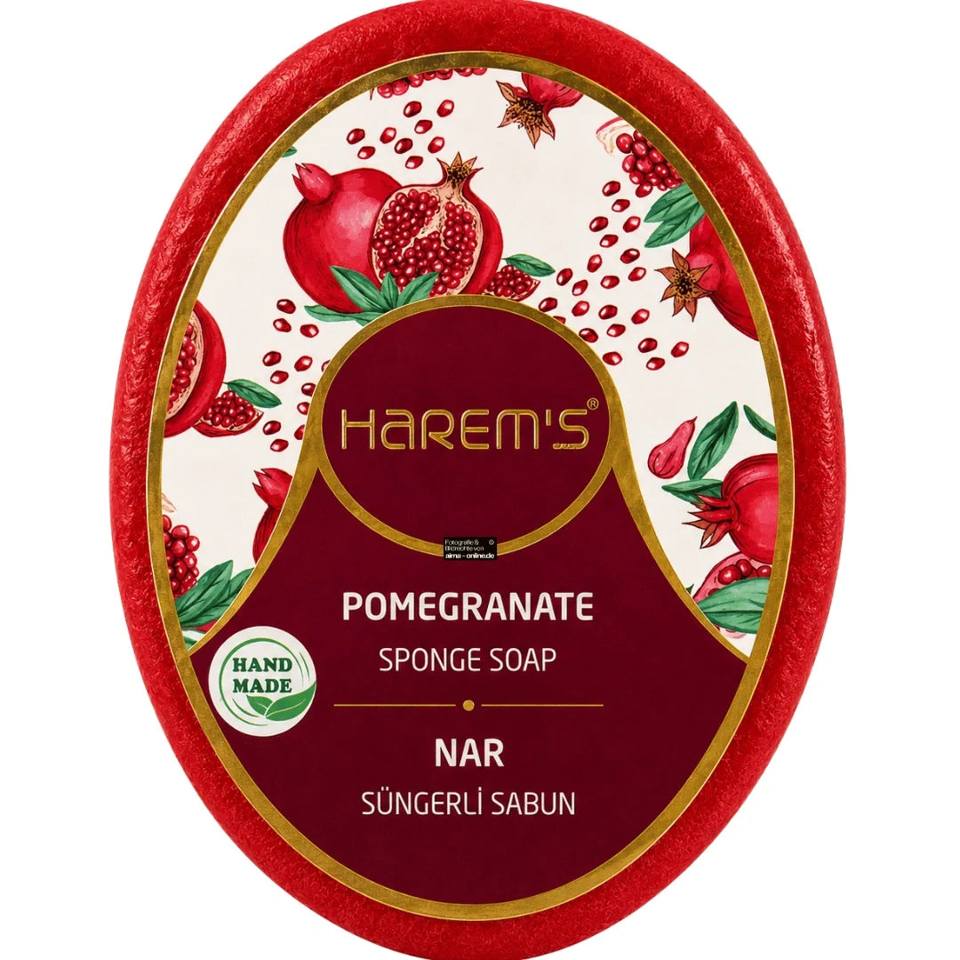 Săpun cu burete Harems cu rodie, destinat curățării și exfolierii pielii, 130 g