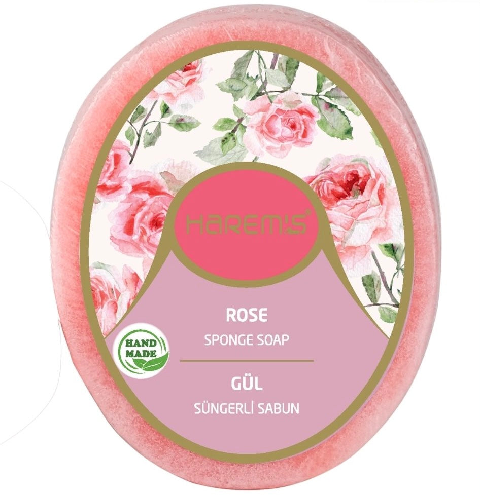 Săpun cu burete Harems cu trandafir, destinat curățării și exfolierii pielii, 130 g