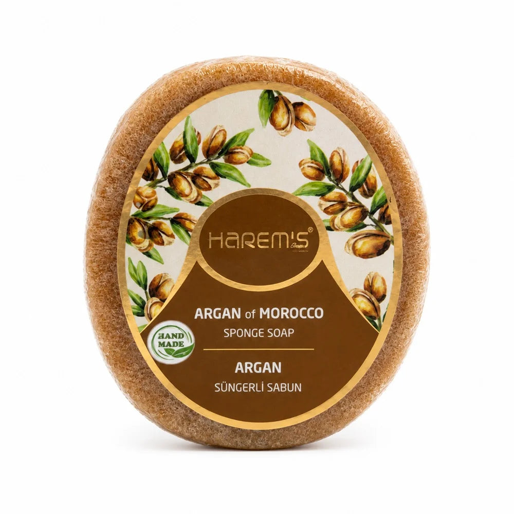 Săpun cu burete Harems cu ulei de argan, destinat curățării și exfolierii pielii, 130 g