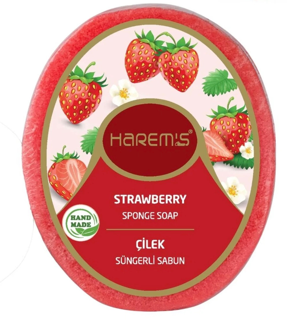 Săpun cu burete Harems cu căpșuni, destinat curățării și exfolierii pielii, 130 g