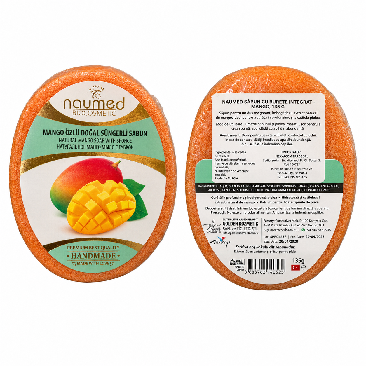 Săpun cu burete Naumed cu mango, destinat curățării și exfolierii pielii