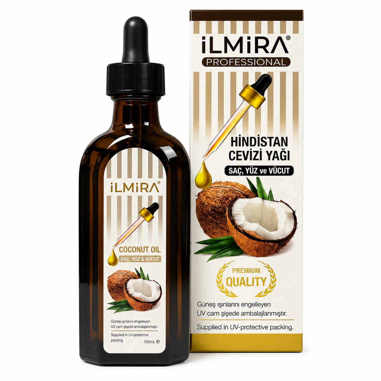 Ulei cosmetic de îngrijire a pielii Ilmira cu ulei de cocos, flacon din sticlă, destinat îngrijirii pielii, 100 ml