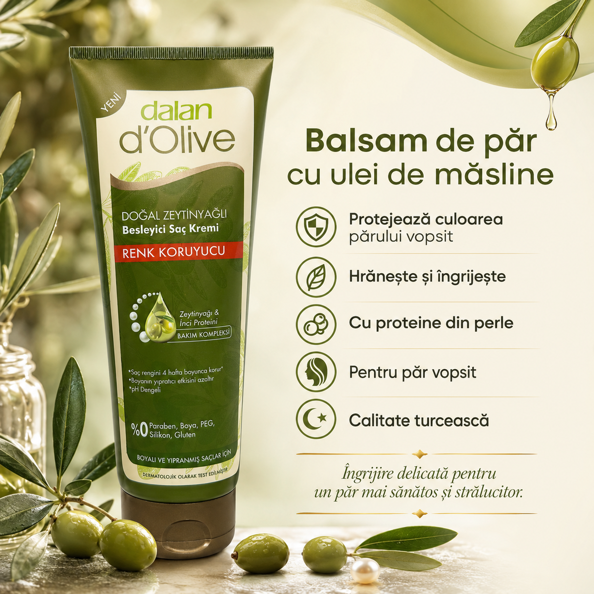 Balsam de păr Dalan cu ulei de măsline, pentru protecția culorii, destinat îngrijirii, descurcării și aranjării părului, 200 ml