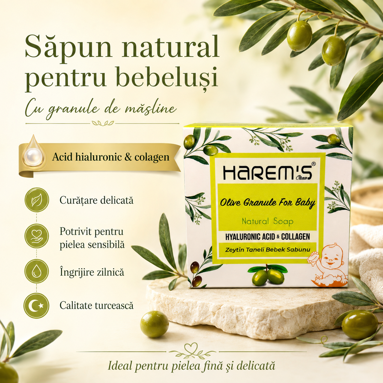 Săpun solid Harems cu măsline, pentru copii, destinat curățării pielii, 120 g