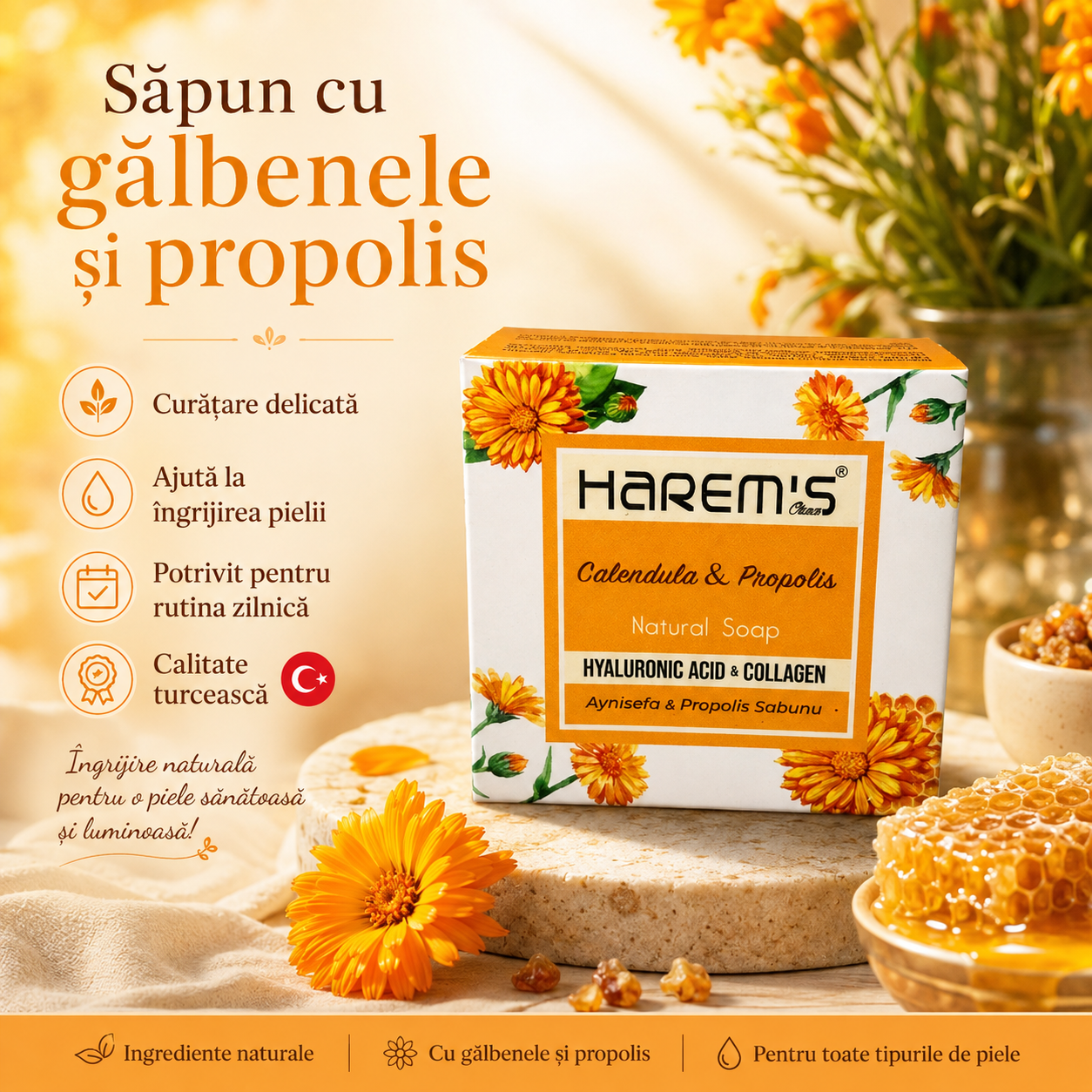 Săpun solid Harems cu gălbenele și propolis, destinat curățării pielii, 120 g