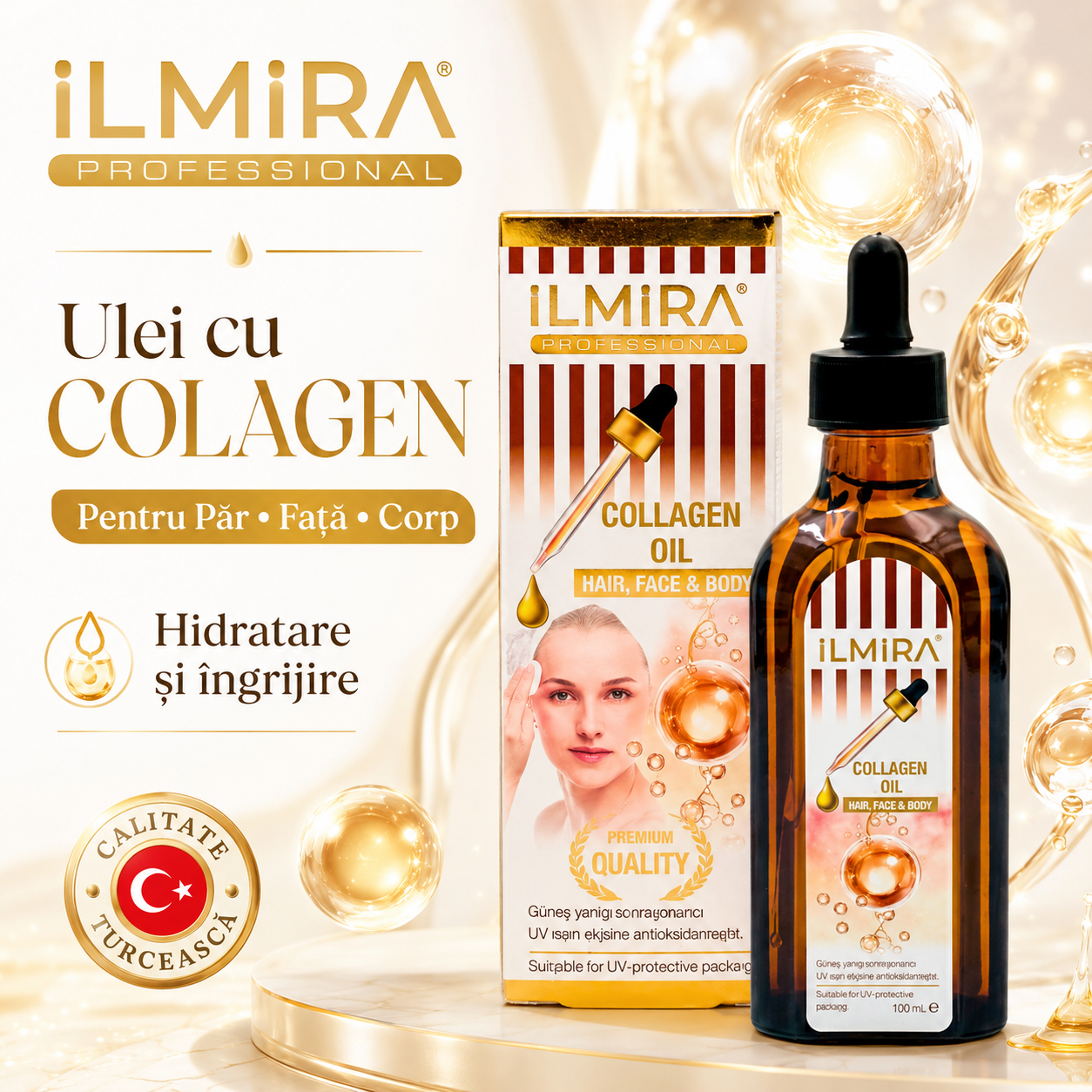 Ulei cosmetic de îngrijire a pielii Ilmira cu colagen, flacon din sticlă, destinat îngrijirii pielii, 100 ml