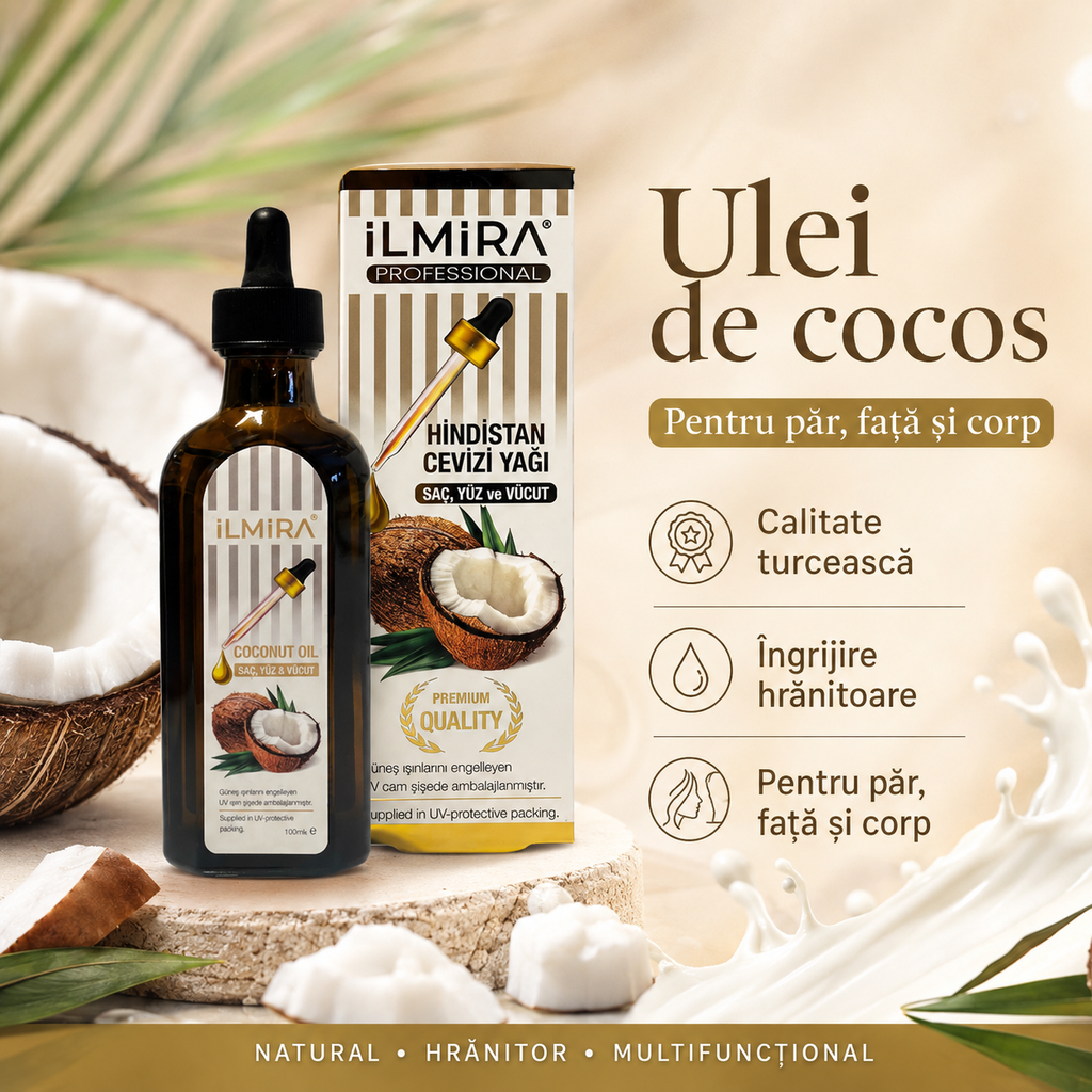 Ulei cosmetic de îngrijire a pielii Ilmira cu ulei de cocos, flacon din sticlă, destinat îngrijirii pielii, 100 ml