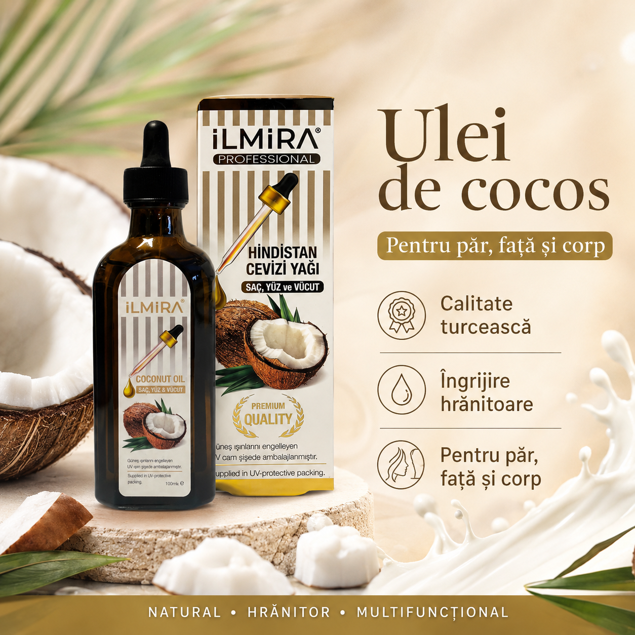 Ulei cosmetic de îngrijire a pielii Ilmira cu ulei de cocos, flacon din sticlă, destinat îngrijirii pielii, 100 ml