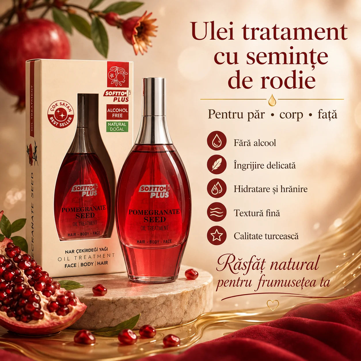 Ulei de îngrijire Softto Plus cu ulei din semințe de rodie, rodie, destinat îngrijirii pielii, 120 ml