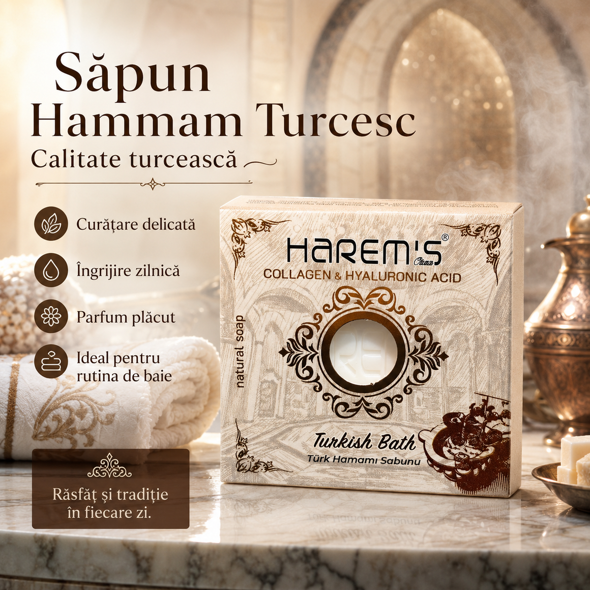 Săpun solid Harems, varianta baie turcească / hamam, destinat curățării pielii, 120 g