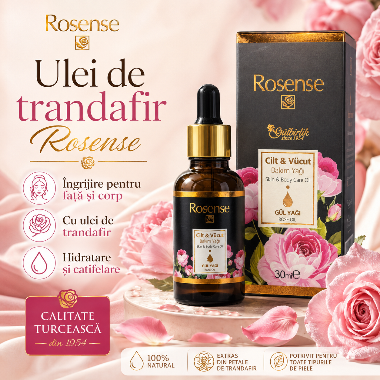 Ulei cosmetic Rosense cu ulei de trandafir 30 ml | Îngrijire ten