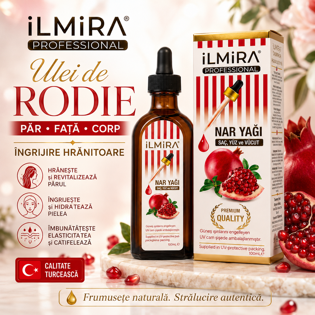Ulei cosmetic de îngrijire a pielii Ilmira cu rodie, flacon din sticlă, destinat îngrijirii pielii, 100 ml