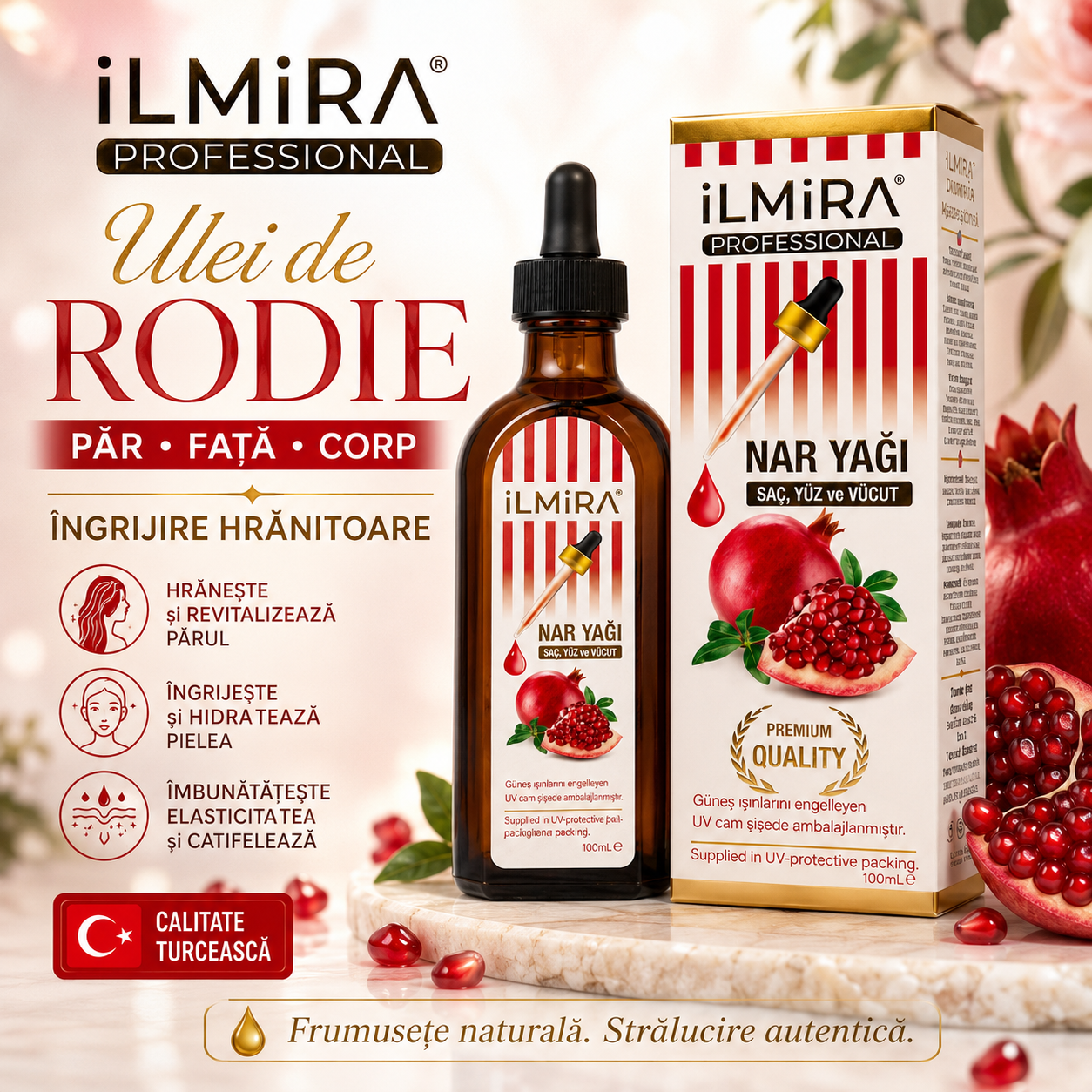 Ulei cosmetic de îngrijire a pielii Ilmira cu rodie, flacon din sticlă, destinat îngrijirii pielii, 100 ml