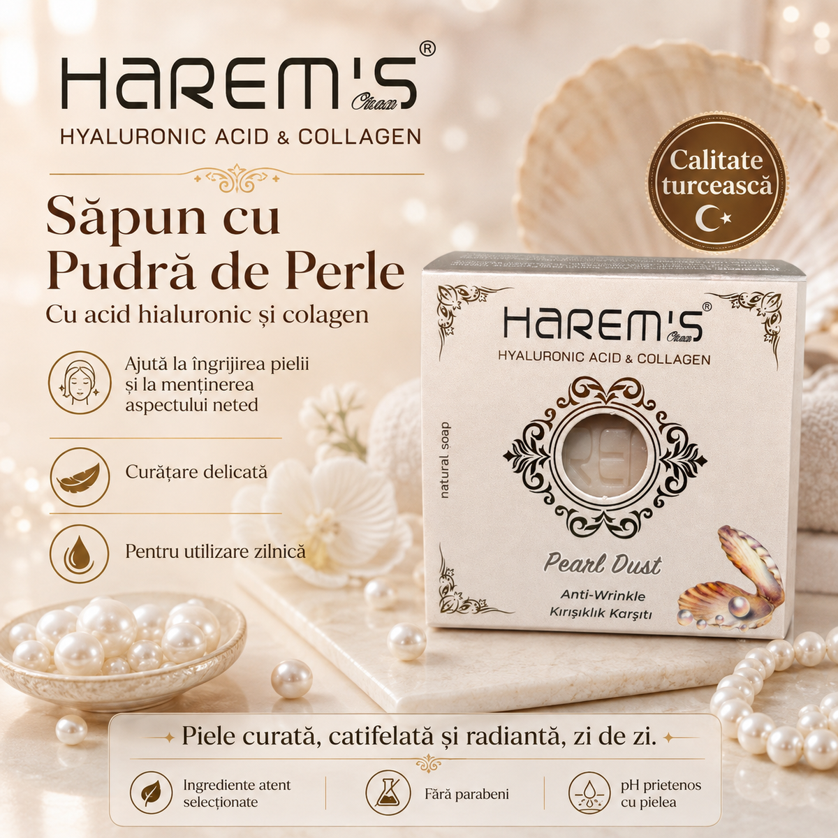 Săpun solid Harems cu pudră de perle, destinat curățării pielii, 120 g