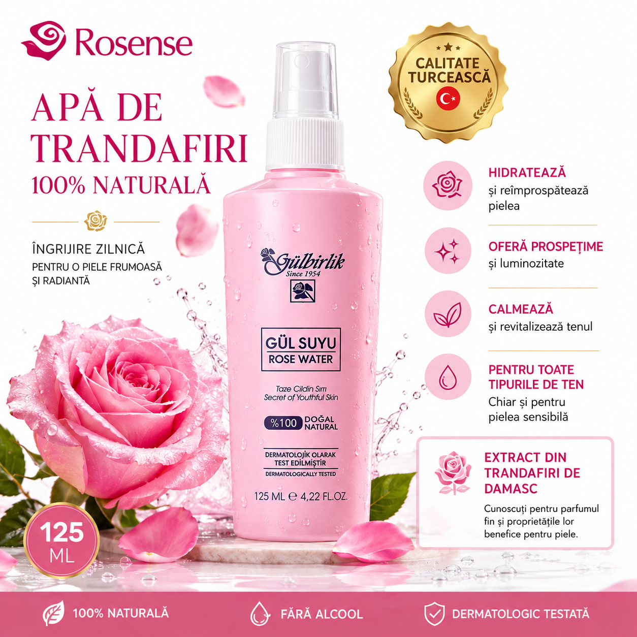 Apă de trandafiri Rosense (Gülbirlik) spray, destinată tonifierii și împrospătării pielii, 125 ml