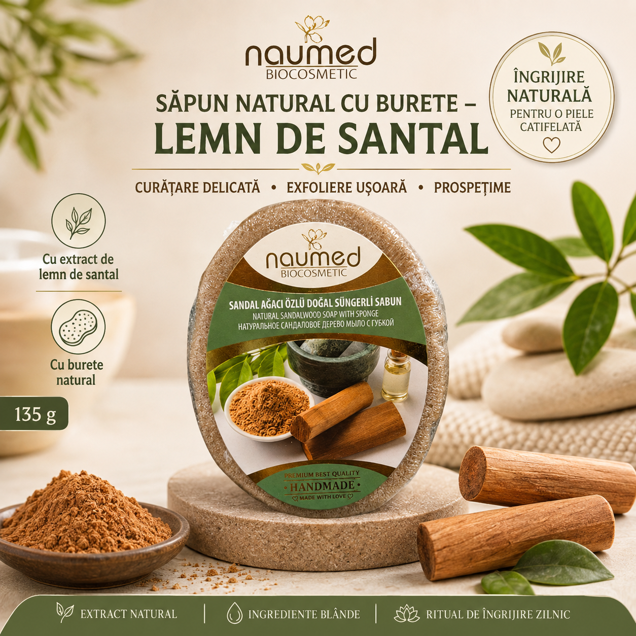 Săpun cu burete Naumed cu lemn de santal, destinat curățării și exfolierii pielii