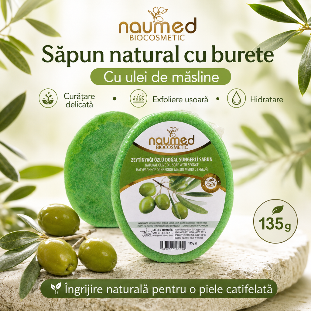 Săpun cu burete Naumed cu măsline, destinat curățării și exfolierii pielii