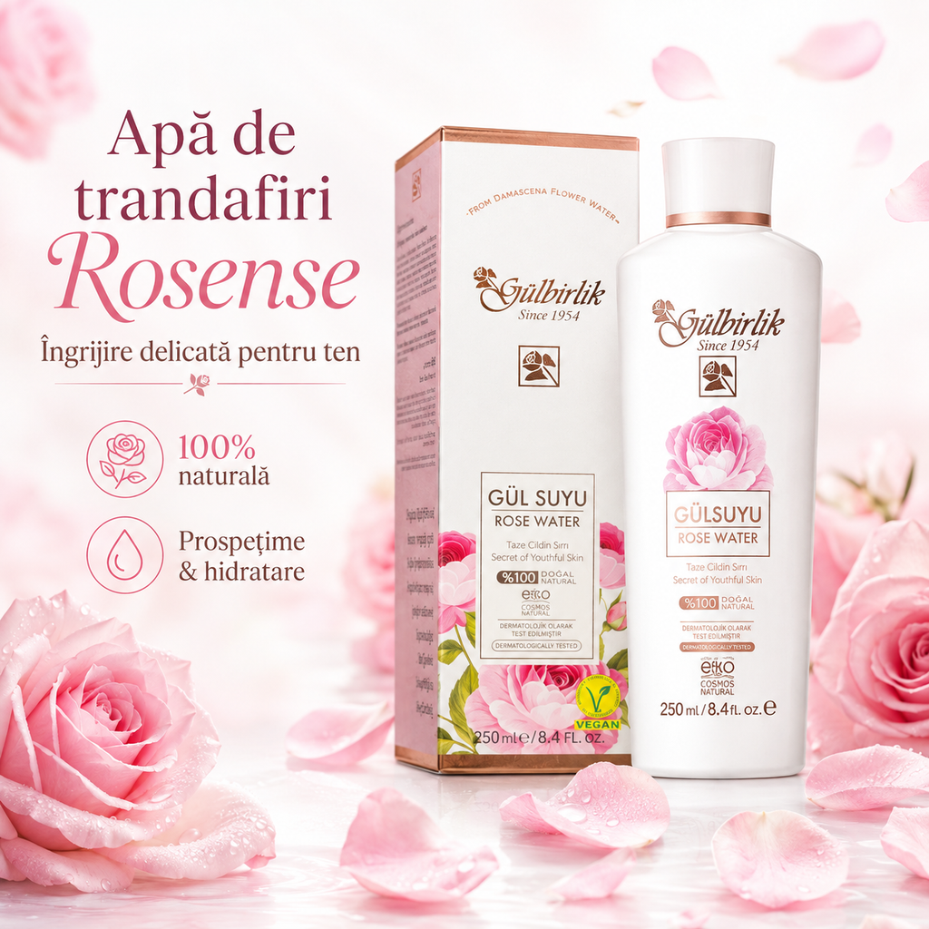 Apă de trandafiri Rosense (Gülbirlik), destinată tonifierii și împrospătării pielii, 250 ml