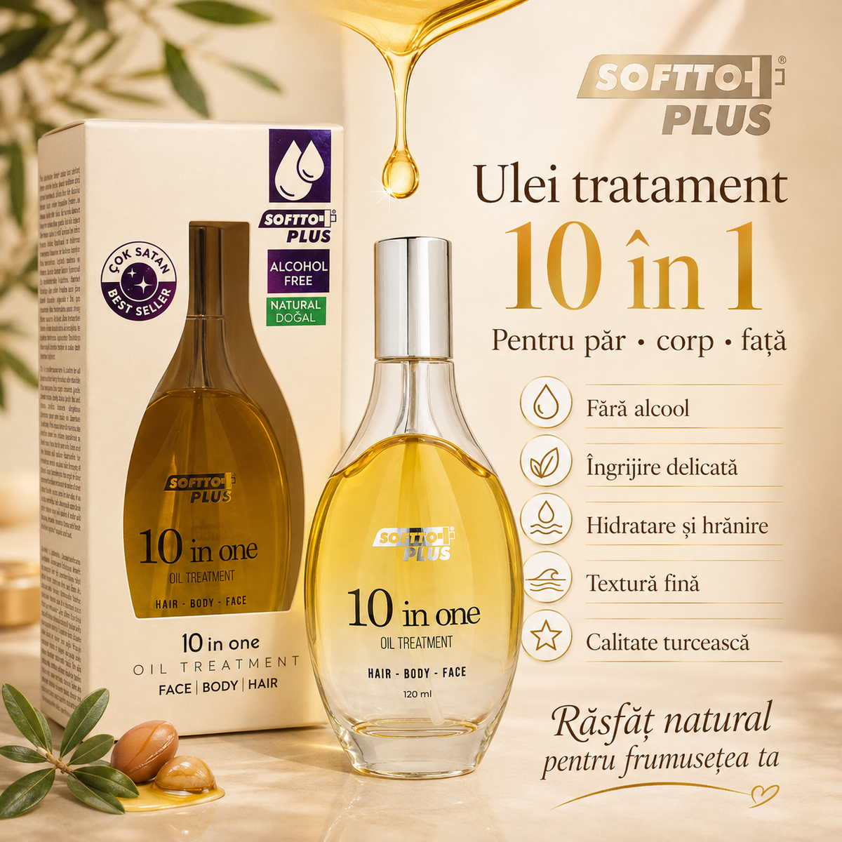 Ulei de îngrijire Softto Plus 10 în 1, destinat îngrijirii pielii, 120 ml