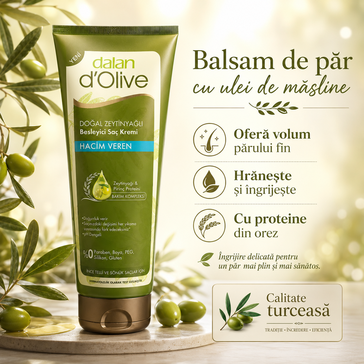 Balsam de păr Dalan cu ulei de măsline, pentru volum, destinat îngrijirii, descurcării și aranjării părului, 200 ml