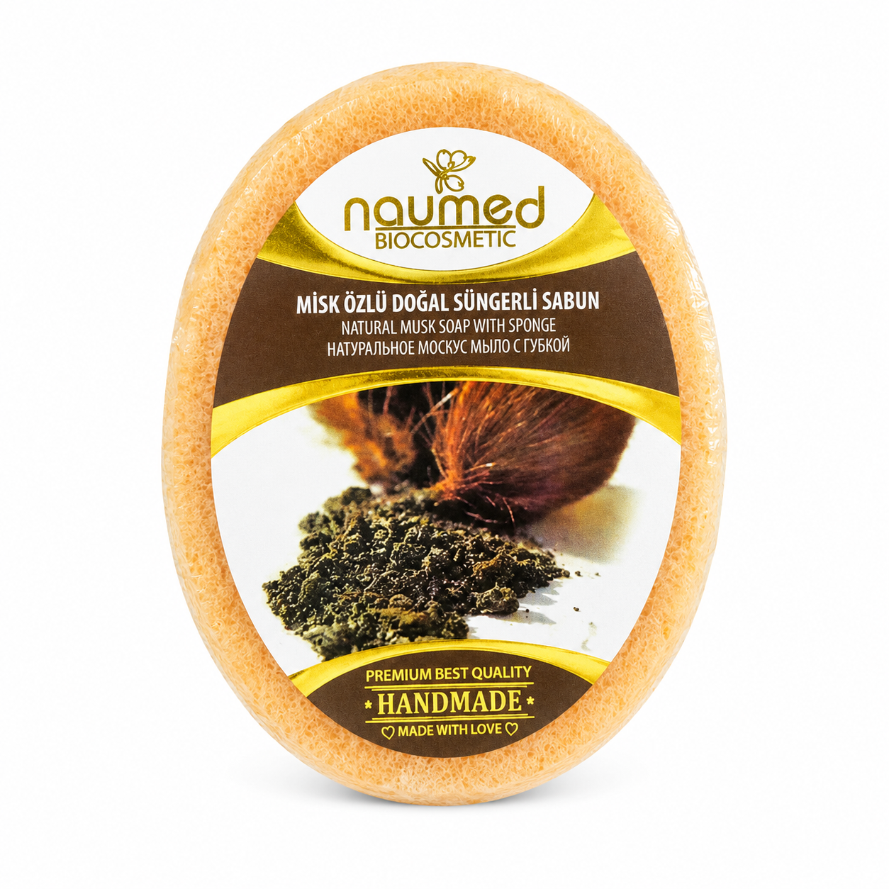 Săpun cu burete Naumed cu extract de mosc, destinat curățării și exfolierii pielii
